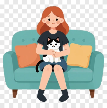 Cartoon Girl Holding A Cat On A Couch PNG