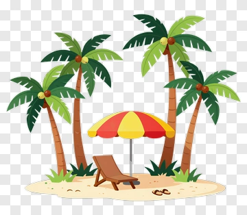 Tropical Beach Scene With Palm Trees And Umbrella PNG