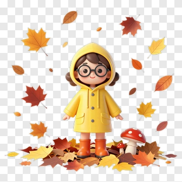 Child In Yellow Raincoat Surrounded By Autumn Leaves PNG