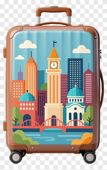 Colorful Suitcase Featuring Cityscape Design PNG
