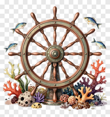 Ship Wheel Surrounded By Coral And Fish PNG