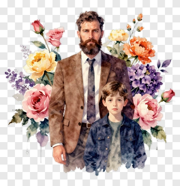 Father And Son Portrait Surrounded By Flowers PNG