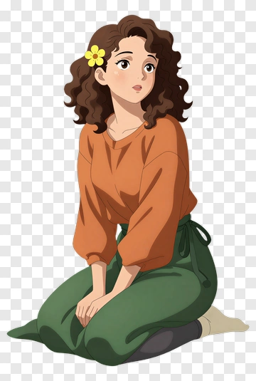 Cartoon Woman Kneeling With A Flower In Her Hair PNG