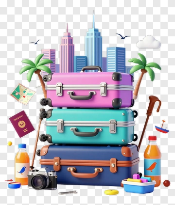 Colorful Luggage Stack With City Skyline PNG