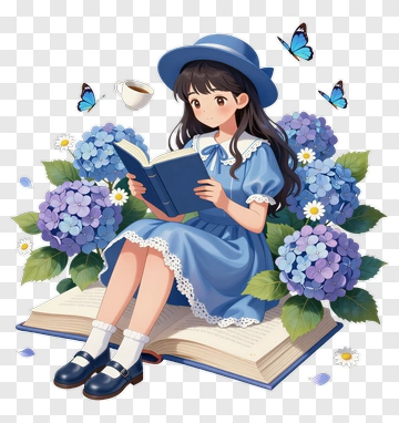 Girl Reading A Book Surrounded By Flowers PNG