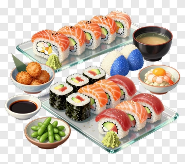 Sushi Platter With Soy Sauce And Edamame PNG