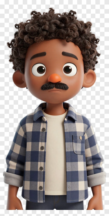 3D Cartoon Boy With Curly Hair And Plaid Shirt PNG