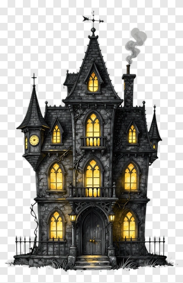 Haunted House With Glowing Windows PNG