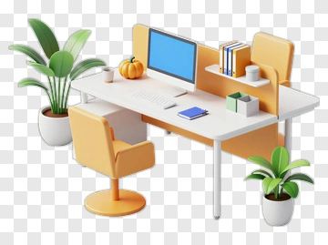 Modern Office Desk With Plants And Computer PNG