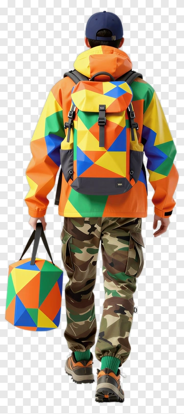 Person Wearing Colorful Jacket And Carrying Geometric Bag PNG