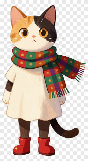Cartoon Cat Wearing A Colorful Scarf PNG