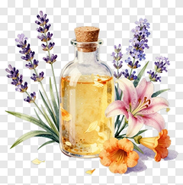 Glass Bottle With Floral Elements And Essential Oil PNG