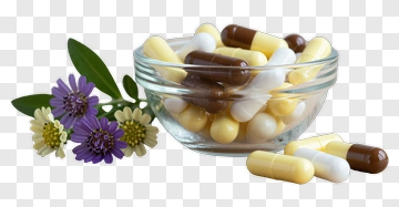 Glass Bowl Of Capsules With Flowers PNG