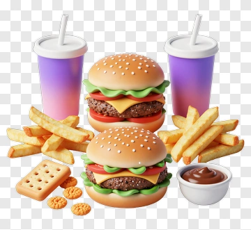 Fast Food Meal With Burgers, Fries, And Drinks PNG