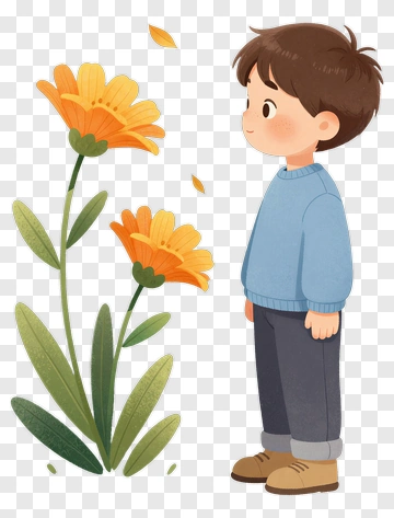 Boy Standing Beside Flowers PNG