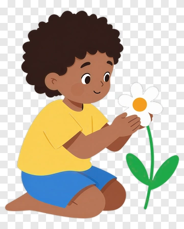 Child Kneeling And Holding A Flower PNG