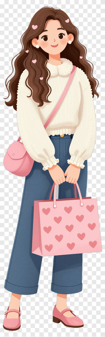 Cartoon Woman Holding A Pink Heart Bag PNG
