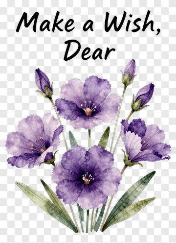 Watercolor Purple Flowers With Make A Wish Text PNG