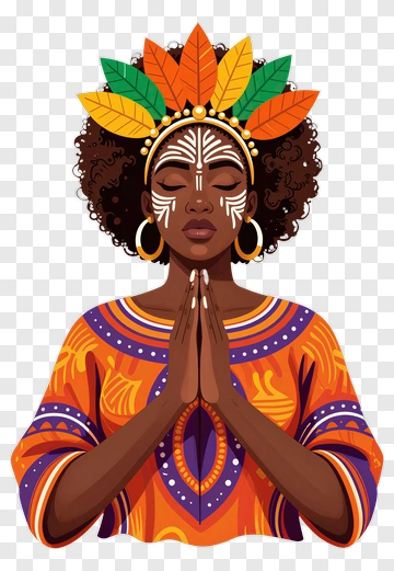 Woman Praying With Colorful Leaf Headdress PNG