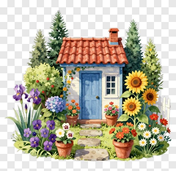 Charming Cottage Surrounded By Colorful Flowers PNG