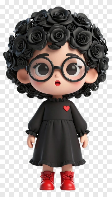 3D Girl With Black Rose Hair And Red Shoes PNG
