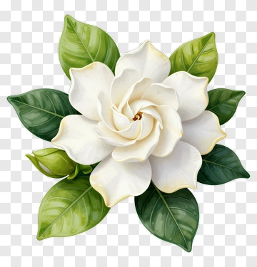 White Gardenia Flower With Green Leaves PNG