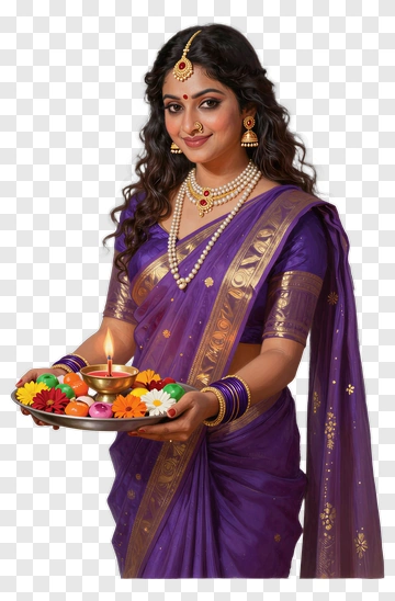 Woman In Purple Saree Holding A Decorative Plate PNG