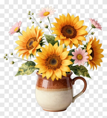 Sunflower Bouquet In A Ceramic Vase PNG