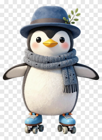 Cute Penguin Wearing A Hat And Scarf On Roller Skates PNG