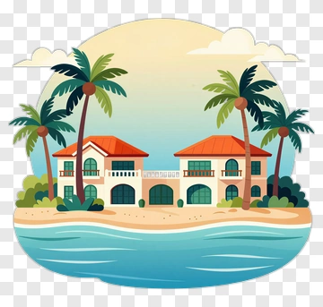 Tropical Beach House With Palm Trees PNG