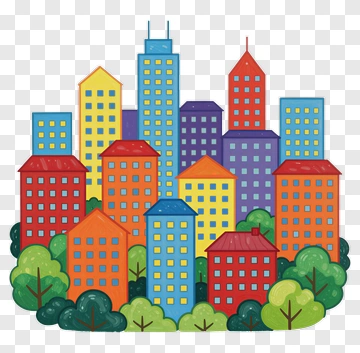 Colorful Cityscape With Buildings And Trees PNG