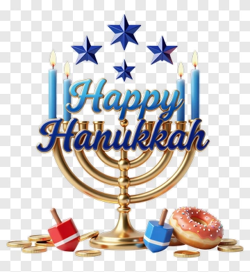 Happy Hanukkah Menorah With Dreidels And Donut PNG