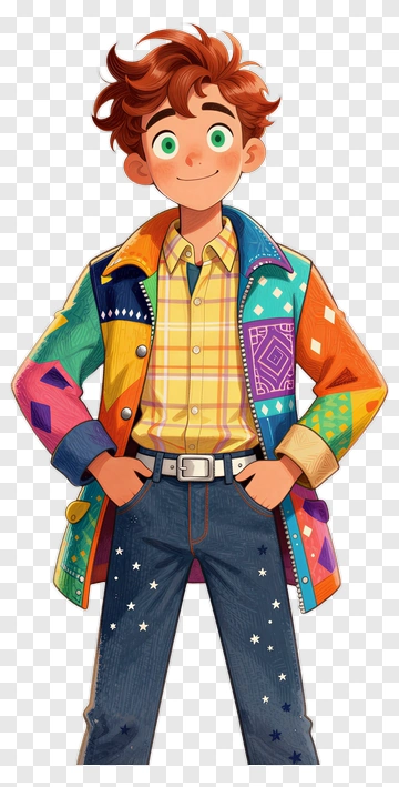 Colorful Cartoon Boy In A Patchwork Jacket PNG