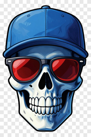 Cartoon Skull Wearing A Blue Cap And Red Sunglasses PNG
