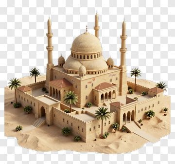 3D Mosque In Desert Landscape PNG