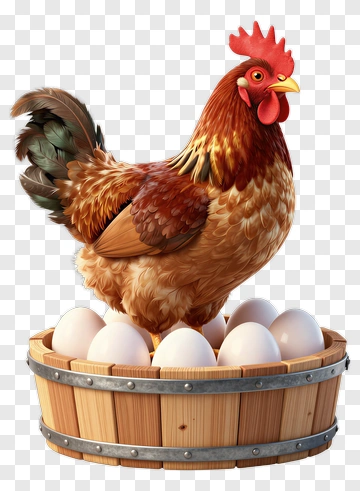 3D Chicken Sitting On Eggs In A Wooden Basket PNG