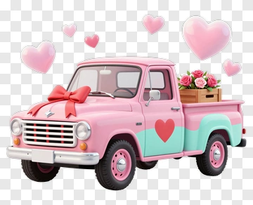 Pink Truck With Roses And Hearts PNG