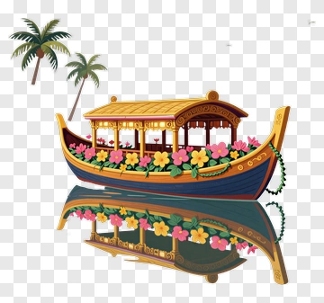 Decorative Boat With Flowers And Palm Trees PNG