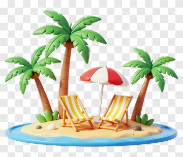Beach Scene With Palm Trees And Lounge Chairs PNG