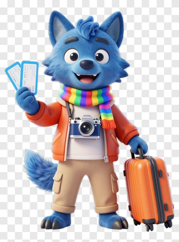 3D Cartoon Wolf Holding Travel Tickets And Luggage PNG