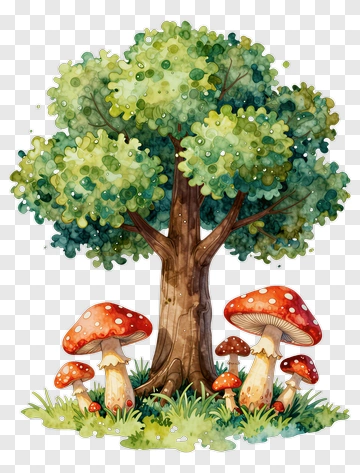 Colorful Tree With Red Mushrooms PNG