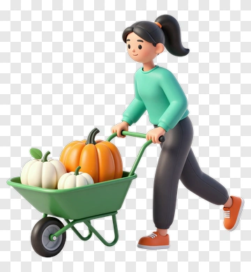 3D Woman Pushing A Wheelbarrow Full Of Pumpkins PNG