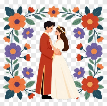 Wedding Couple Surrounded By Colorful Flowers PNG