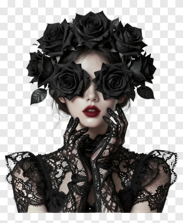 Woman In Black Lace With Black Roses PNG