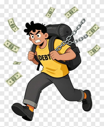 Cartoon Character Running With A Backpack And Debt PNG