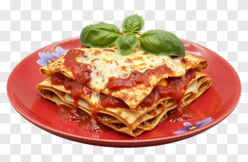 Delicious Lasagna On A Red Plate PNG