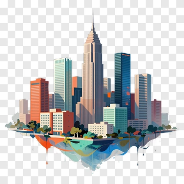 Colorful City Skyline With Reflections PNG