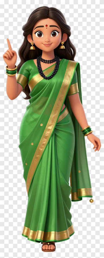 Cartoon Woman Wearing A Green Saree PNG