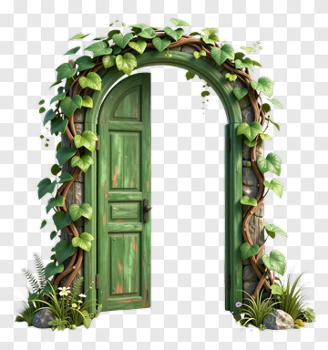 Green Door With Vines And Flowers PNG