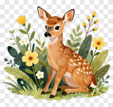 Cute Fawn Sitting Among Flowers And Greenery PNG